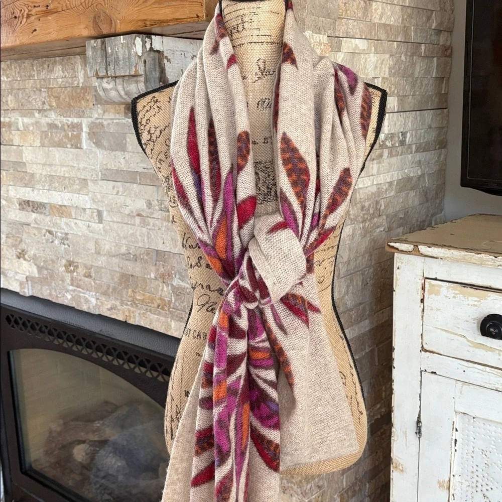 Pistil tan scarf wrap with colorful purple orange brown floral sunburst design